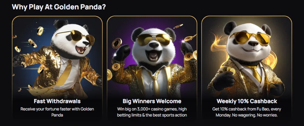 Avantages du casino Golden Panda incluant des retraits rapides et un cashback hebdomadaire de 10 %.